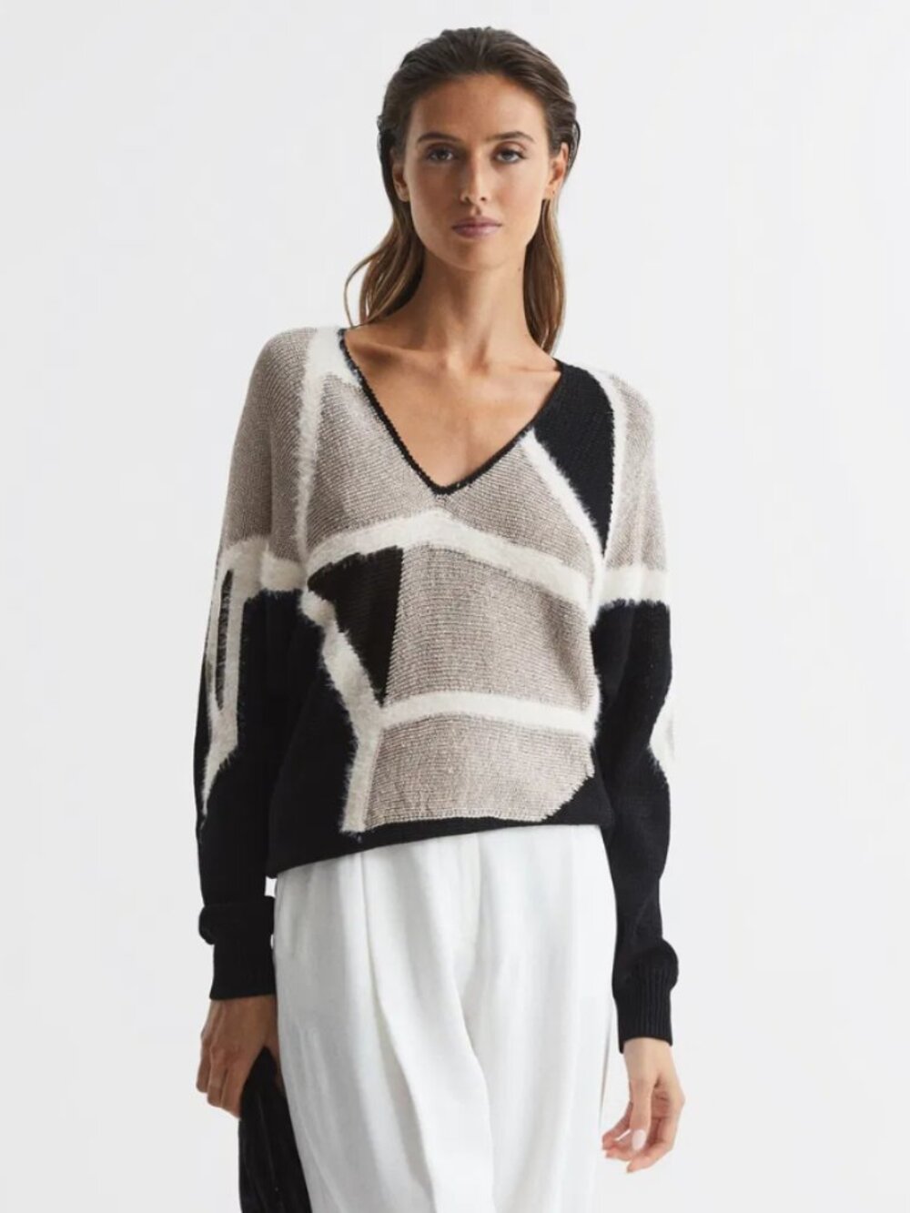 Reiss Geometric V-Neck Sweater in Black, Beige & White